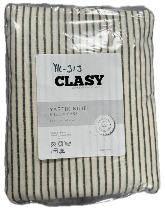 Clasy Ranforce %100 Pamuk 2 Adet Yastık Kılıfı Yeşil Çizgili Desenli Bej