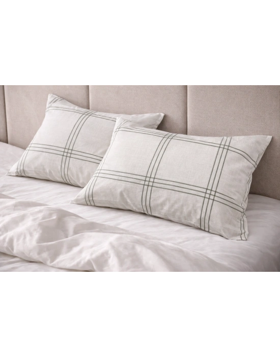 Clasy Ranforce %100 Pamuk 2 Adet Yastık Kılıfı Yeşil Çizgili Desenli Bej