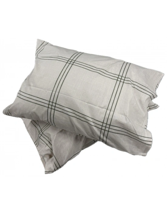 Clasy Ranforce %100 Pamuk 2 Adet Yastık Kılıfı Yeşil Çizgili Desenli Bej