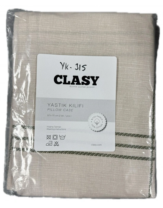Clasy Ranforce %100 Pamuk 2 Adet Yastık Kılıfı Yeşil Çizgili Desenli Bej
