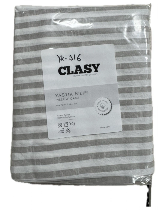 Clasy Ranforce %100 Pamuk 2 Adet Yastık Kılıfı Çizgili Desenli Gri