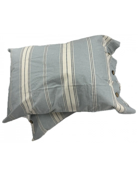 Clasy Ranforce %100 Pamuk 2 Adet Yastık Kılıfı Çizgili Desenli Düğmeli Soluk Mavi