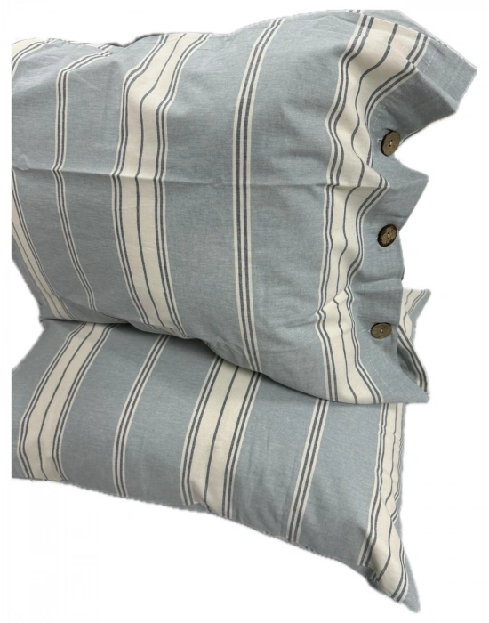 Clasy Ranforce %100 Pamuk 2 Adet Yastık Kılıfı Çizgili Desenli Düğmeli Soluk Mavi