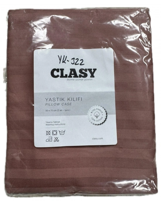 Clasy %100 Pamuk Saten 2 Adet Yastık Kılıfı Çizgili Desenli Kiremit