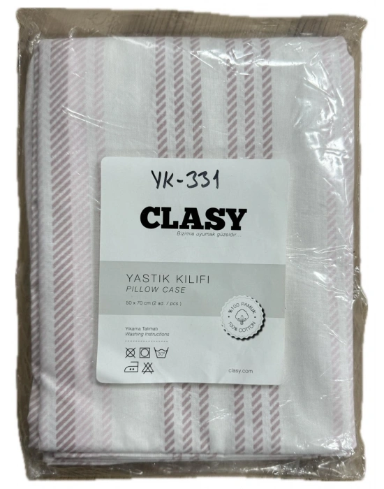 Clasy Ranforce %100 Pamuk 2 Adet Yastık Kılıfı Çizgili Desenli Pembe-Beyaz