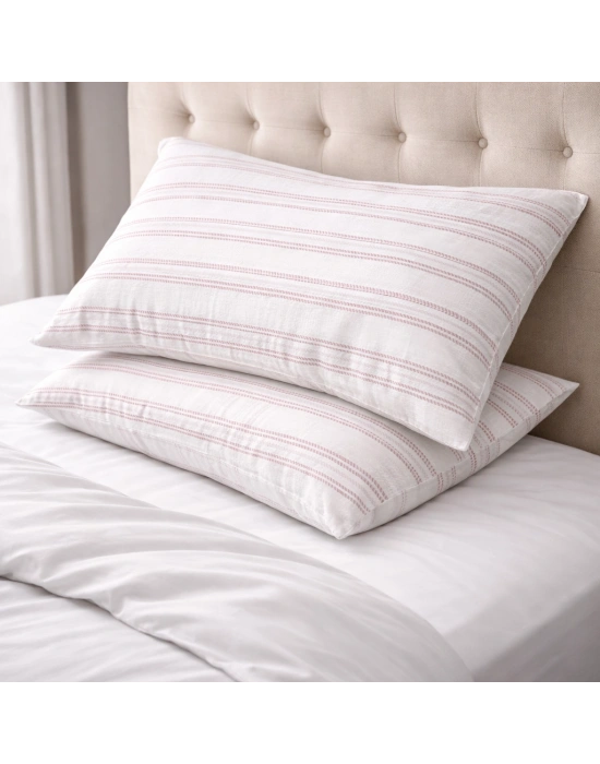 Clasy Ranforce %100 Pamuk 2 Adet Yastık Kılıfı Çizgili Desenli Pembe-Beyaz