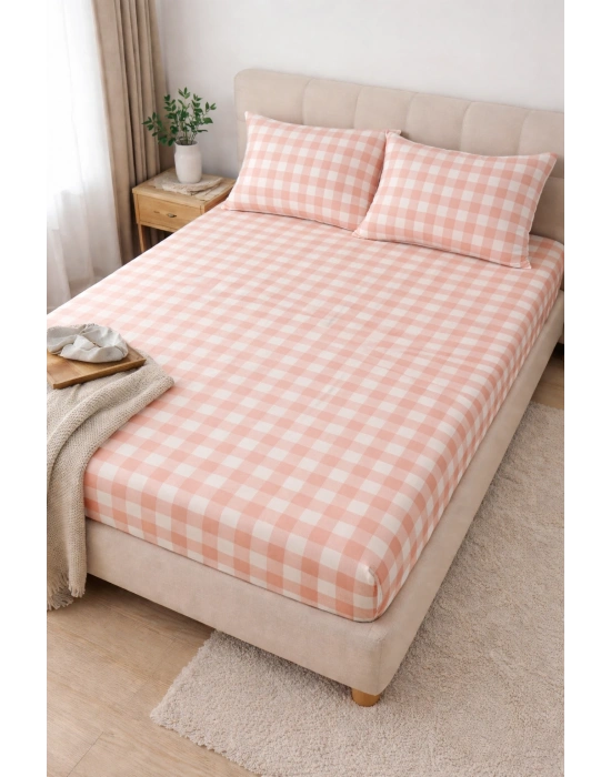 Clasy Ranforce Lastikli Çarşaf Seti Çift Kişilik Pembe ÇKLÇ-265 %100 Pamuk Ekoseli