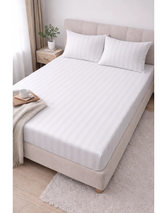 Clasy Ranforce Lastikli Çarşaf Seti Çift Kişilik Çizgili Beyaz ÇKLÇ-267 %100 Pamuk