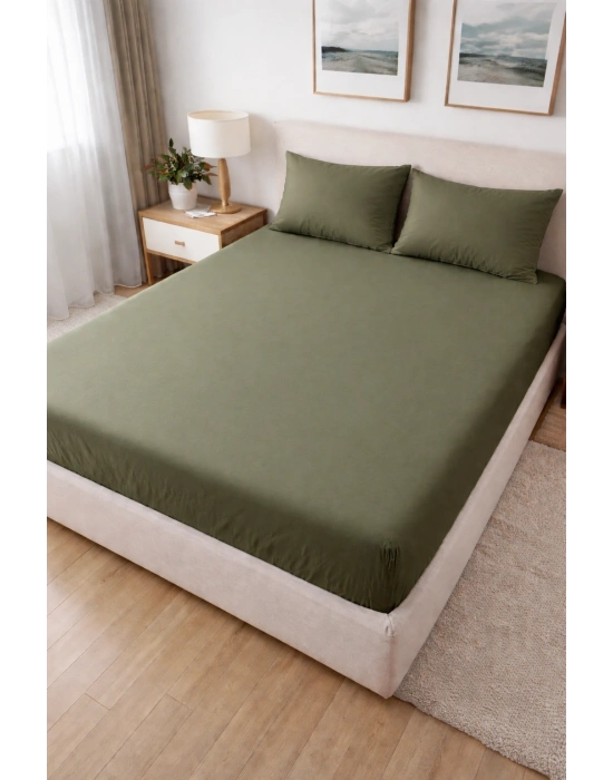 Clasy Ranforce Lastikli Çarşaf Seti Tek Kişilik Haki Yeşil TKLÇ-107 %100 Pamuk