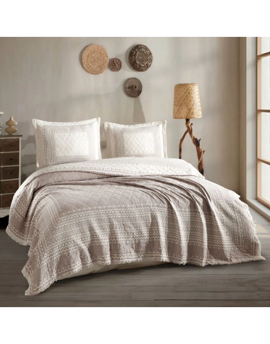 Clasy %100 Pamuk Çift Kişilik Müslin Yatak Örtüsü Nomada V2 Kahve