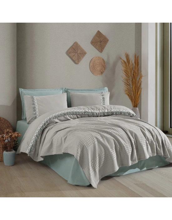 Butik Tek Kişilik Püsküllü Pike Takımı Bohamline V10 Açık Gri