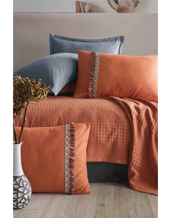 Butik Tek Kişilik Püsküllü Pike Takımı Bohamline V2 Kiremit