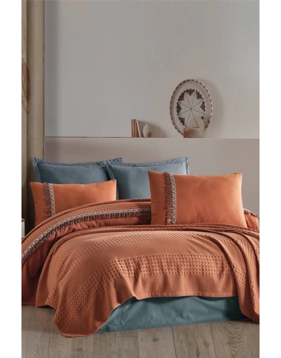 Butik Tek Kişilik Püsküllü Pike Takımı Bohamline V2 Kiremit