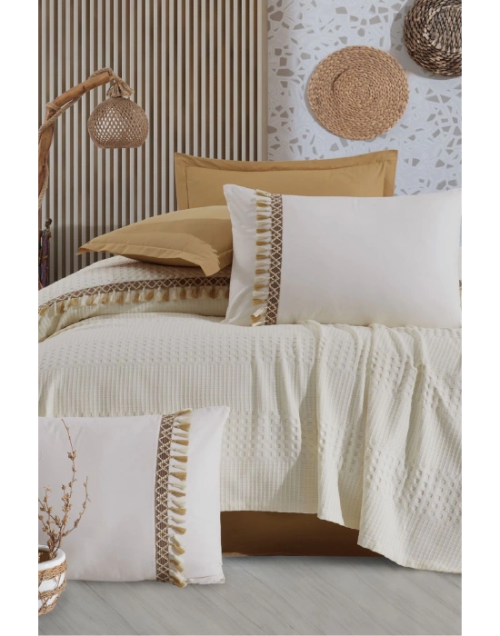 Butik Tek Kişilik Püsküllü Pike Takımı Bohamline V5 Ekru