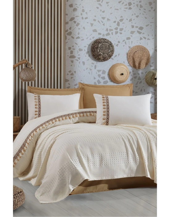 Butik Tek Kişilik Püsküllü Pike Takımı Bohamline V5 Ekru