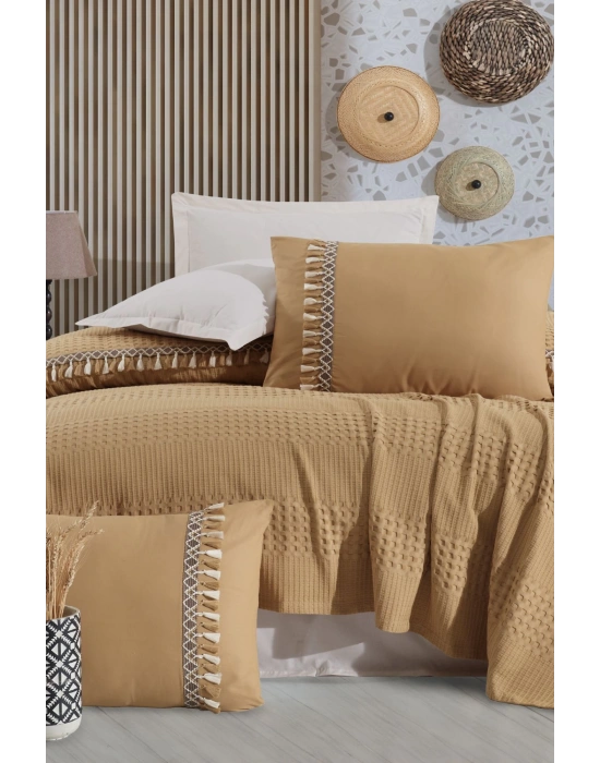 Butik Tek Kişilik Püsküllü Pike Takımı Bohamline V6 Hardal