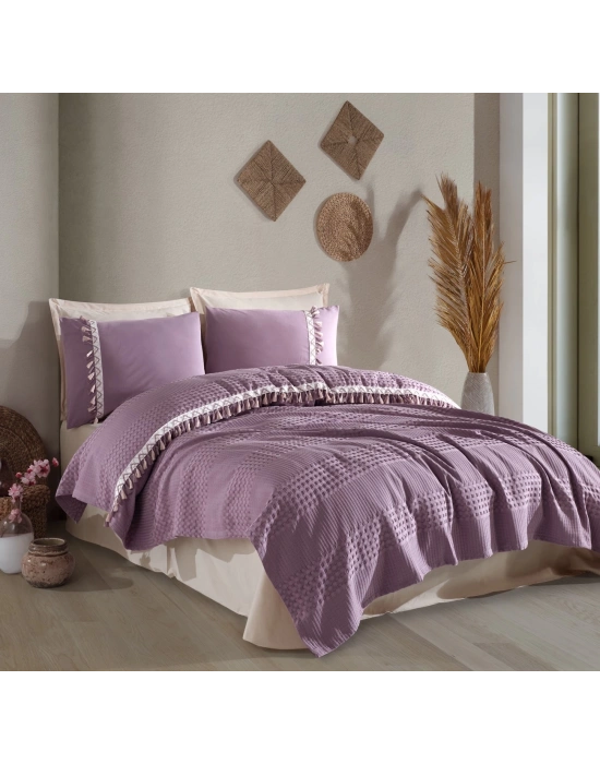 Butik Tek Kişilik Püsküllü Pike Takımı Bohamline V7 Lila