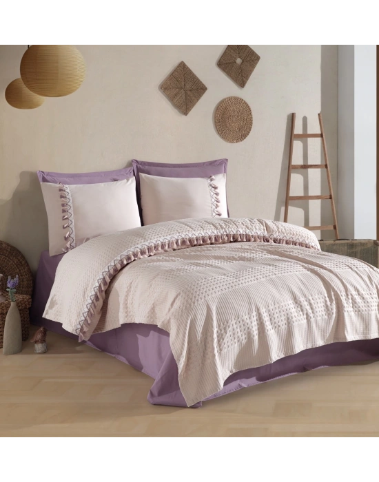 Butik Tek Kişilik Püsküllü Pike Takımı Bohamline V8 Taş Rengi