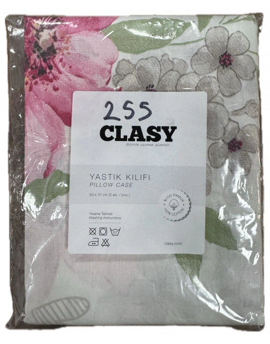 Clasy %100 Pamuk 2 Adet Yastık Kılıfı Çiçekli Beyaz
