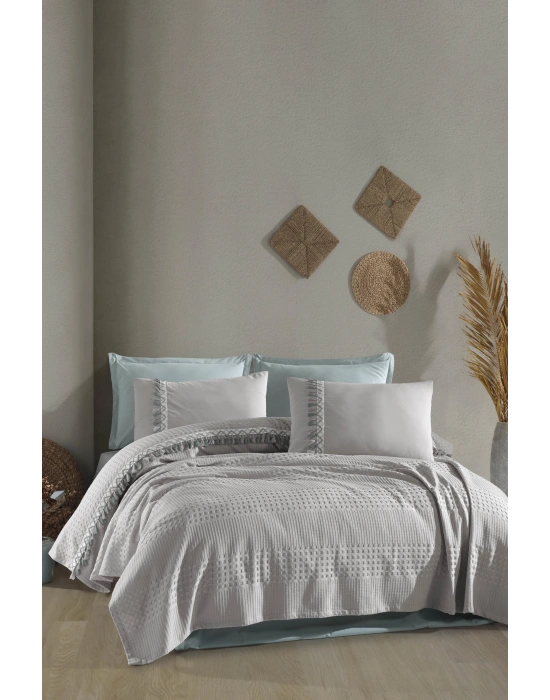 Clasy %100 Pamuk Butik Çift Kişilik Püsküllü Pike Takımı Bohamline V10 Açık Gri