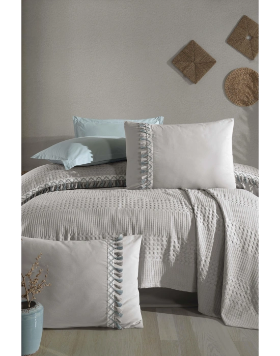 Clasy %100 Pamuk Butik Çift Kişilik Püsküllü Pike Takımı Bohamline V10 Açık Gri