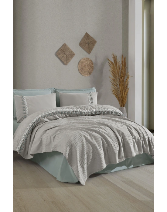 Clasy %100 Pamuk Butik Çift Kişilik Püsküllü Pike Takımı Bohamline V10 Açık Gri