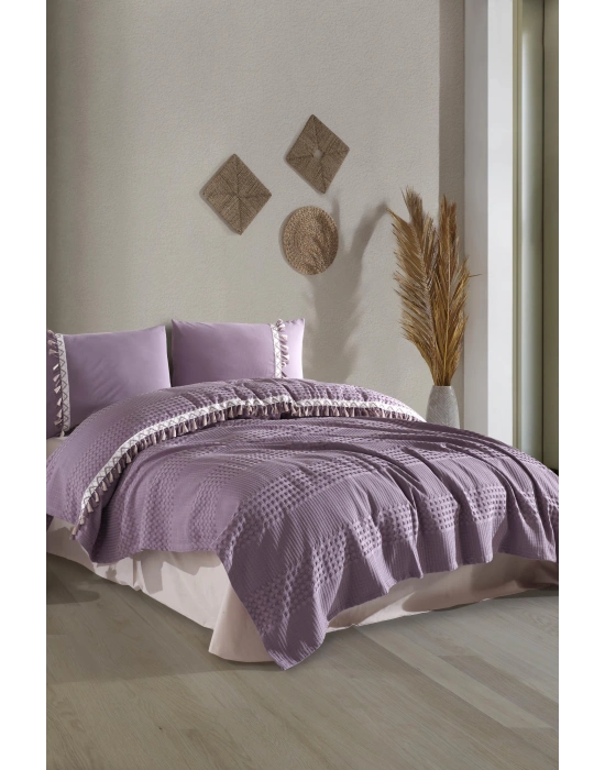 Clasy %100 Pamuk Butik Çift Kişilik Püsküllü Pike Takımı Bohamline V7 Lila