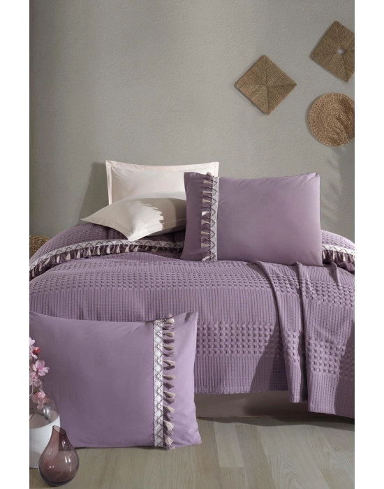 Clasy %100 Pamuk Butik Çift Kişilik Püsküllü Pike Takımı Bohamline V7 Lila