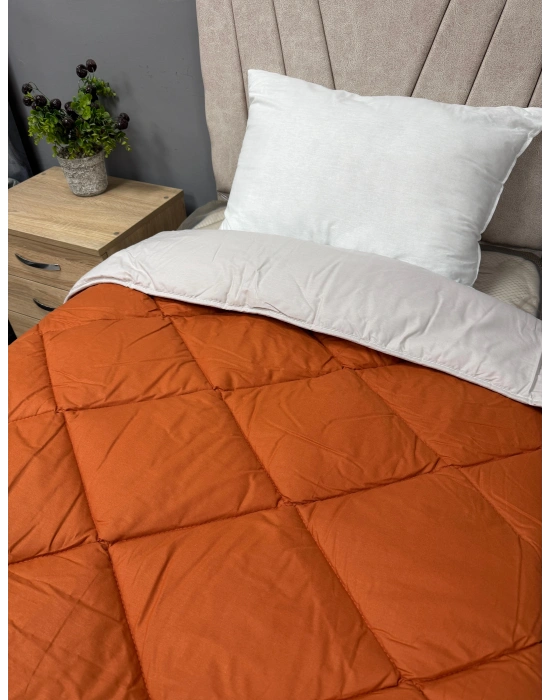 Clasy %100 Pamuk Ranforce Çift kişilik Yorgan Çift Taraflı Bej-Kiremit Düz Desenli Kapitoneli