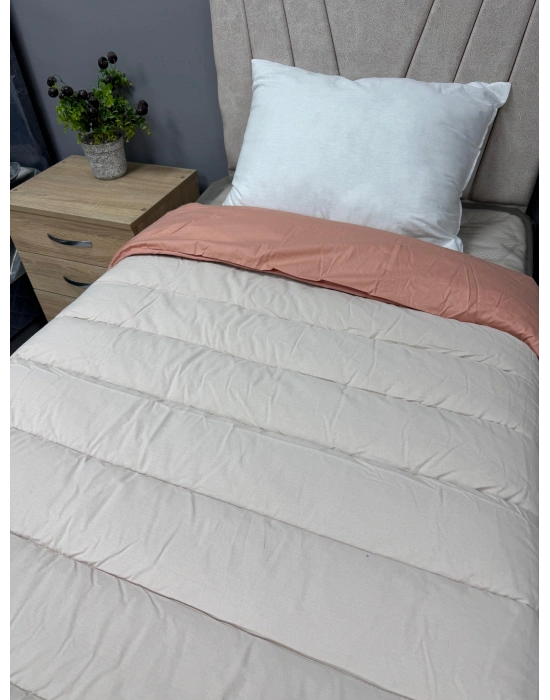 Clasy %100 Pamuk Ranforce Çift kişilik Yorgan Çift Taraflı Bej-Somon Düz Desenli Kapitoneli