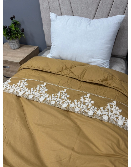 Clasy %100 Pamuk Ranforce Çift kişilik Yorgan Çift Taraflı Osela V1 Hardal Düz Desenli Kapitoneli