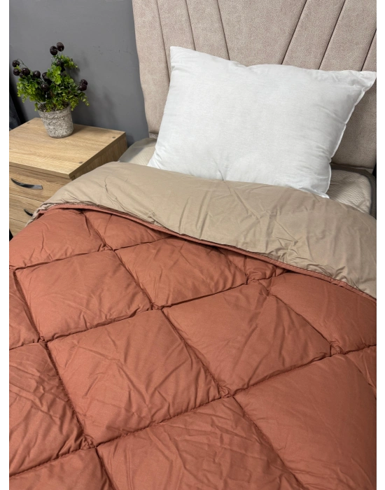 Clasy %100 Pamuk Ranforce Çift kişilik Yorgan Çift Taraflı Sütlü Kahve-Kiremit Düz Desenli Kapitoneli