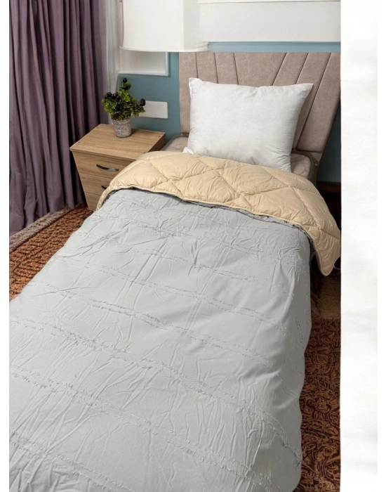 Clasy %100 Pamuk Ranforce Tek kişilik Çift Taraflı Yorgan Avola V3 Gri-Krem Düz Desen