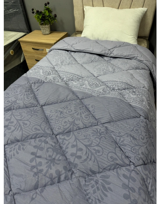 Clasy %100 Pamuk Ranforce Tek kişilik Yorgan Çift Taraflı Antrasit Risa V1 Antrasit Mavi Çiçek Desenli