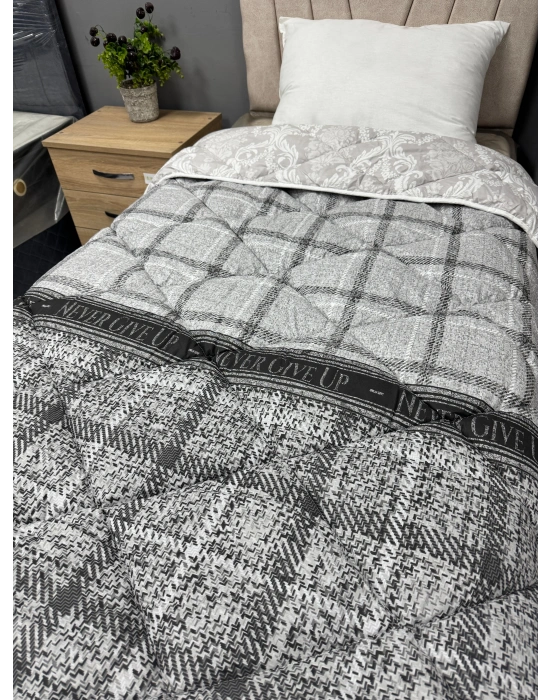Clasy %100 Pamuk Ranforce Tek kişilik Yorgan Çift Taraflı Gri Ekose Çiçek Desenli