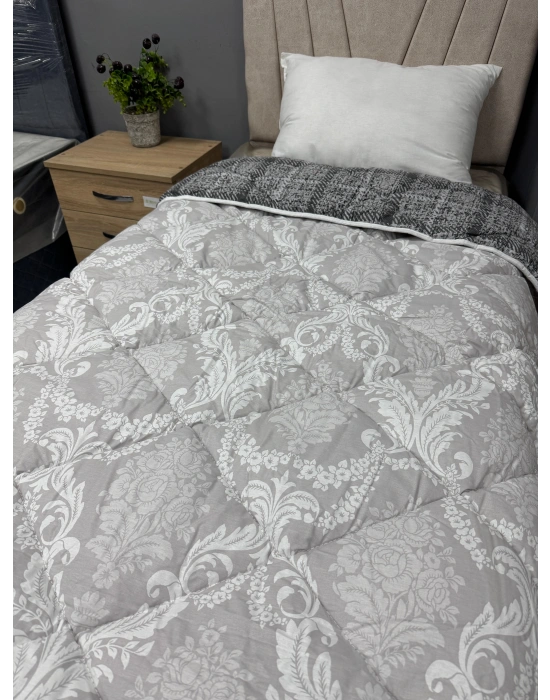 Clasy %100 Pamuk Ranforce Tek kişilik Yorgan Çift Taraflı Gri Ekose Çiçek Desenli