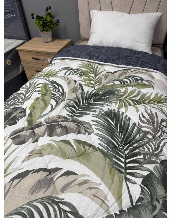 Clasy %100 Pamuk Ranforce Tek kişilik Yorgan Çift Taraflı Yeşil-Beyaz-Gri Çiçekli-Düz Desen