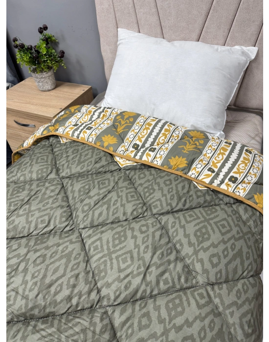 Clasy %100 Pamuk Saten Çift kişilik Yorgan Çift Taraflı Adal V1 Desenli Yeşil Kapitoneli