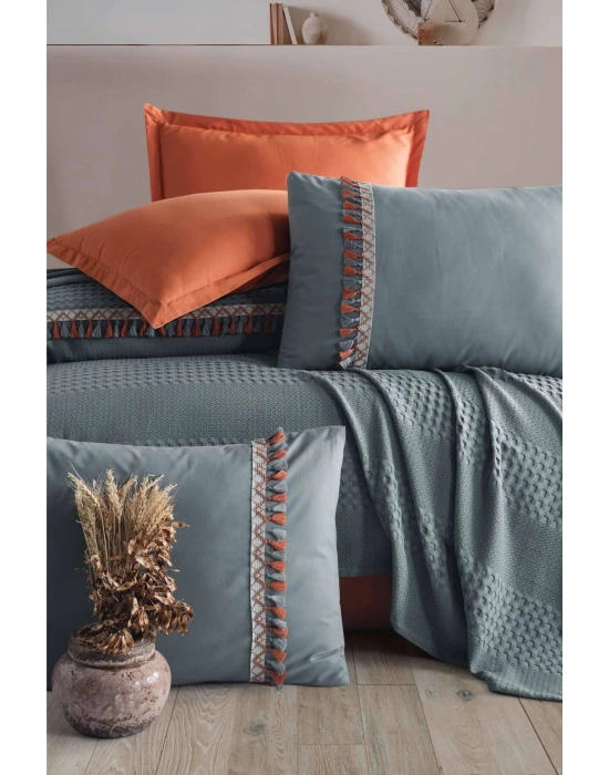 Clasy Butik Tek Kişilik Püsküllü Pike Takımı Bohamline V1 Gri