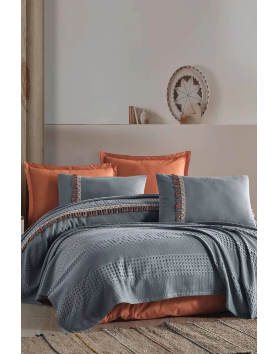 Clasy Butik Tek Kişilik Püsküllü Pike Takımı Bohamline V1 Gri