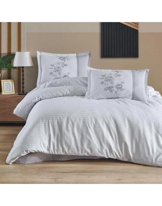 Clasy Çizgili Poplin Nevresim Takımı Tek Kişilik Suave V7 Beyaz