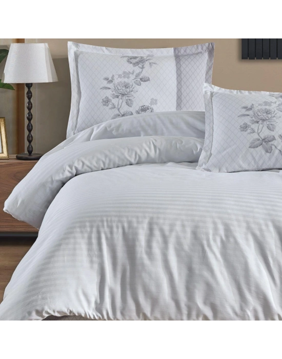 Clasy Çizgili Poplin Nevresim Takımı Tek Kişilik Suave V7 Beyaz