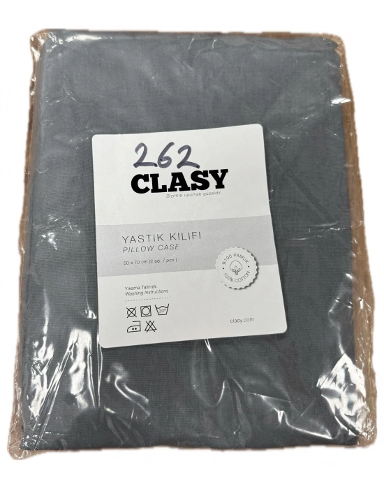 Clasy Ranforce %100 Pamuk 2 Adet Yastık Kılıfı Düz Antrasit Gri