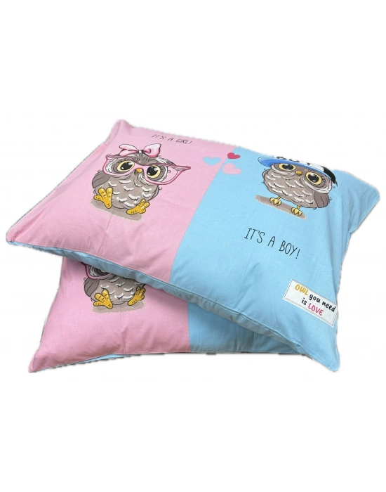 Clasy Ranforce %100 Pamuk 2 Adet Yastık Kılıfı Genç/Çocuk Baykuş Desenli Pembe-Mavi