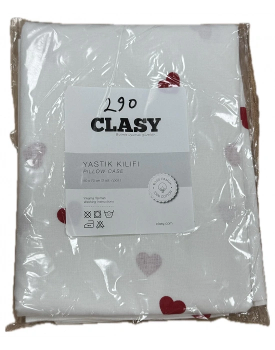 Clasy Ranforce %100 Pamuk 2 Adet Yastık Kılıfı Kalp Desenli Beyaz