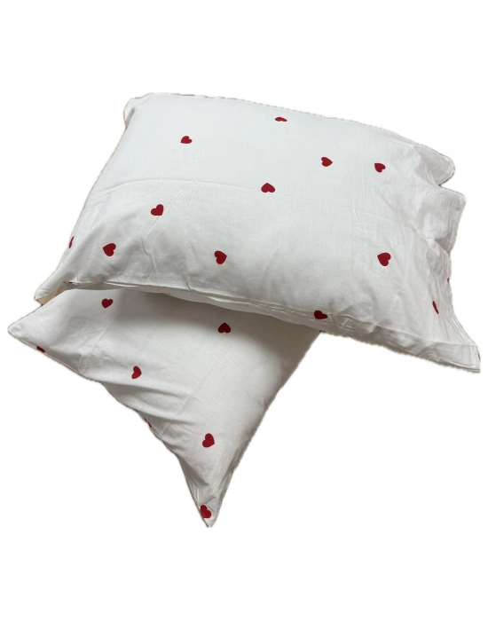 Clasy Ranforce %100 Pamuk 2 Adet Yastık Kılıfı Kalp Desenli Beyaz
