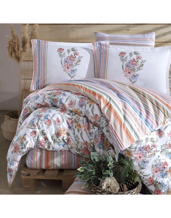 Clasy Ranforce %100 Pamuk Çift Kişilik Nevresim Takımı Zemi V1 Pudra