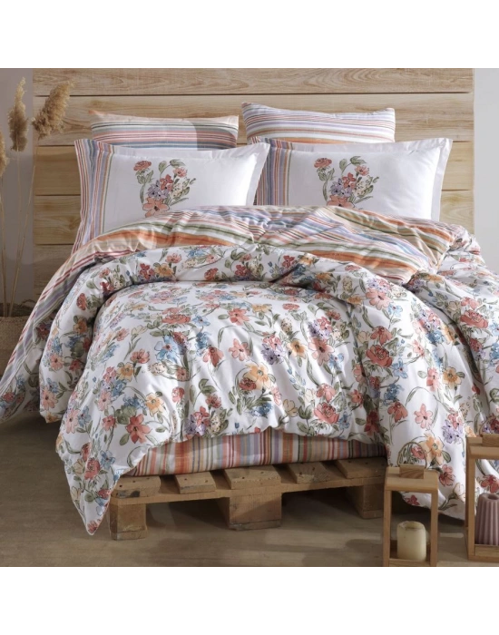 Clasy Ranforce %100 Pamuk Çift Kişilik Nevresim Takımı Zemi V1 Pudra