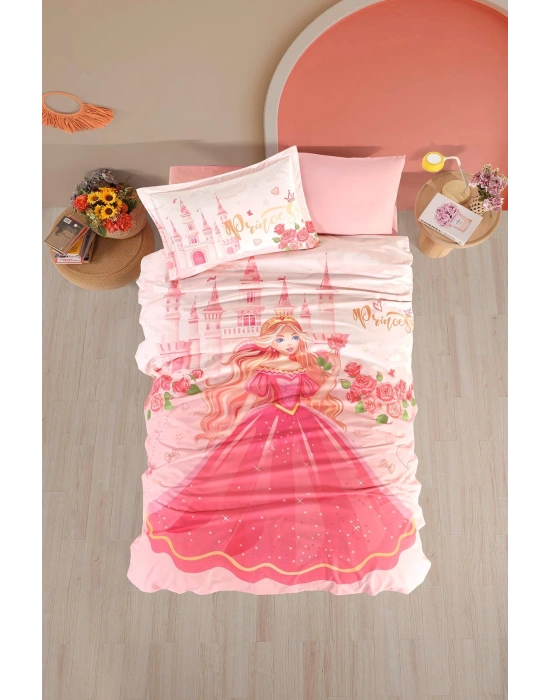 Clasy Ranforce %100 Pamuk Nevresim Takımı Tek Kişilik Princess V1 Pudra