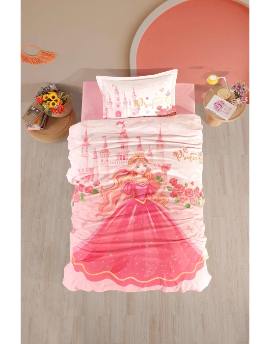 Clasy Ranforce %100 Pamuk Nevresim Takımı Tek Kişilik Princess V1 Pudra